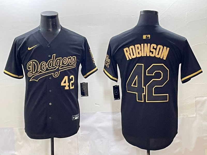 Men 2025 Los Angeles Dodgers #42 Robinson Black Gold Five generations Nike MLB Jersey style 1